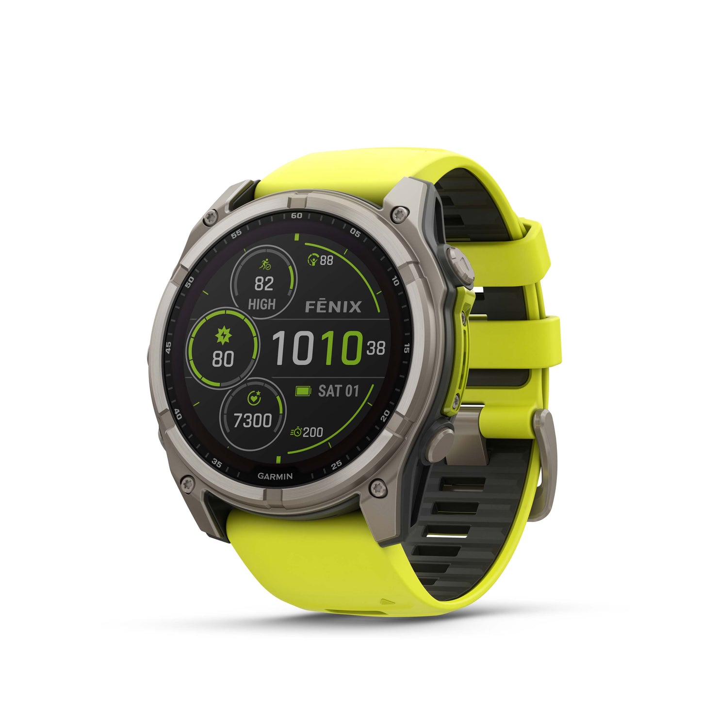 Garmin f?nix 8 – 51mm, Solar Sapphire, Titanium with Amp Yellow/Graphite Silicone Band