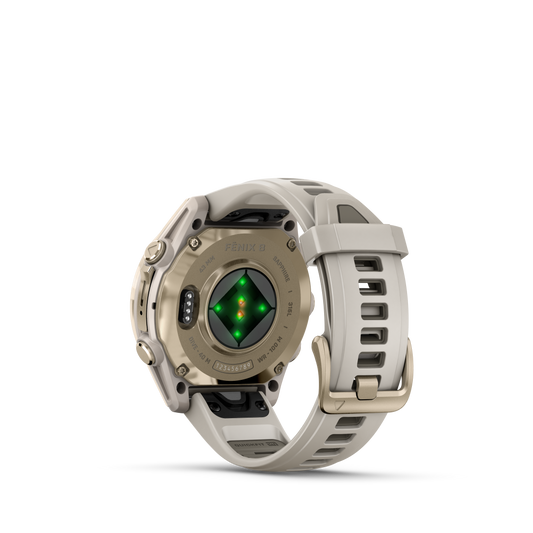 Garmin f?nix 8 – 43mm, AMOLED Sapphire, Soft Gold with Fog Gray/Dark Sandstone Silicone Band