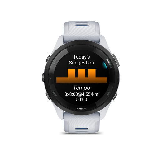 Forerunner® 265, Black Bezel with Whitestone Case and Whitestone/Tidal Blue Silicone Band