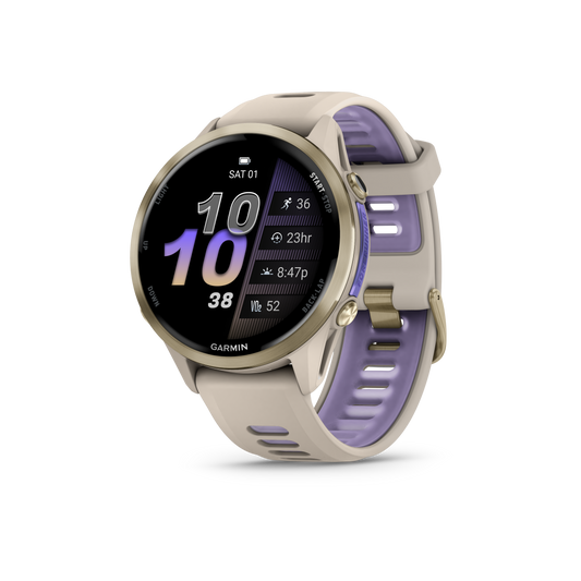 Forerunner® 970, Soft Gold Titanium with French Gray Case and French Gray/Translucent Indigo Band