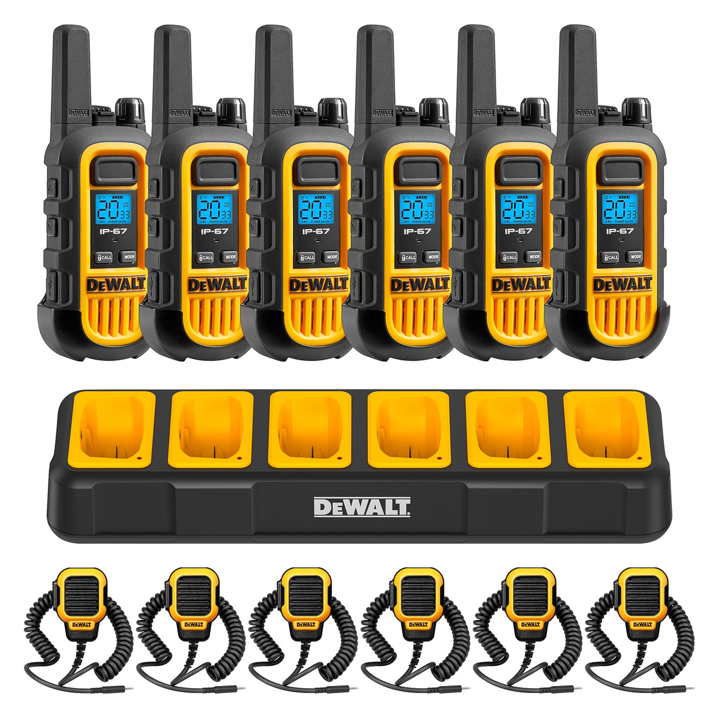 Dewalt Heavy Duty 6 DXFRS300 Radios with 6 Port Charger and 6 Remote Speaker Microphones