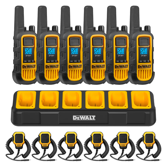 Dewalt Heavy Duty 6 DXFRS800 Radios with 6 Port Charger and 6 Remote Speaker Microphones