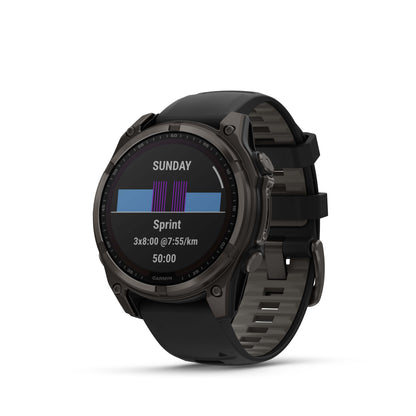 Garmin f?nix 8 – 47 mm, Solar Sapphire, Carbon Gray DLC Titanium with Black/Pebble Gray Silicone Band