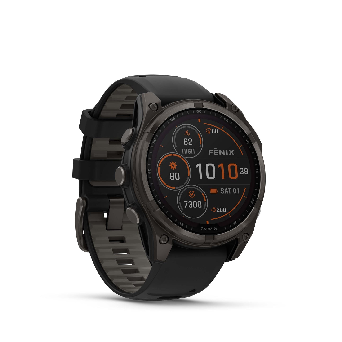 Garmin f?nix 8 – 47 mm, Solar Sapphire, Carbon Gray DLC Titanium with Black/Pebble Gray Silicone Band