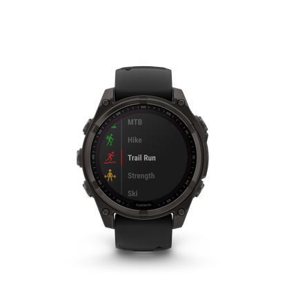 Garmin f?nix 8 – 47 mm, Solar Sapphire, Carbon Gray DLC Titanium with Black/Pebble Gray Silicone Band
