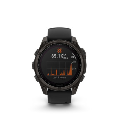 Garmin f?nix 8 – 47 mm, Solar Sapphire, Carbon Gray DLC Titanium with Black/Pebble Gray Silicone Band