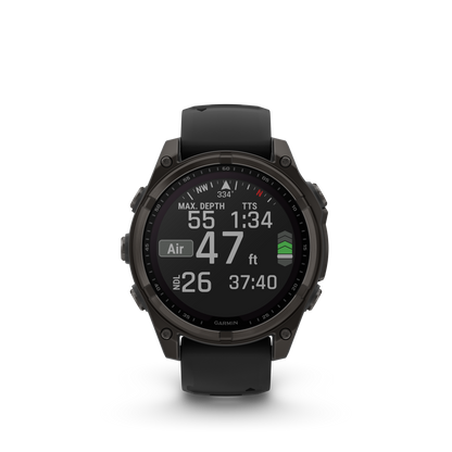 Garmin f?nix 8 – 47 mm, Solar Sapphire, Carbon Gray DLC Titanium with Black/Pebble Gray Silicone Band