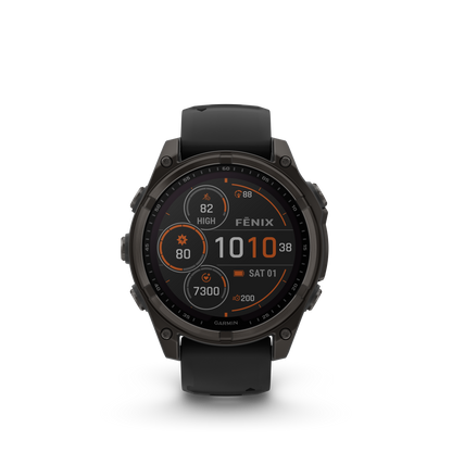 Garmin f?nix 8 – 47 mm, Solar Sapphire, Carbon Gray DLC Titanium with Black/Pebble Gray Silicone Band