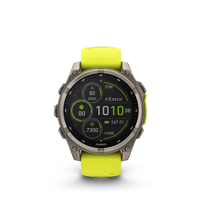 Garmin f?nix 8 – 47mm, Solar Sapphire, Titanium with Amp Yellow/Graphite Silicone Band