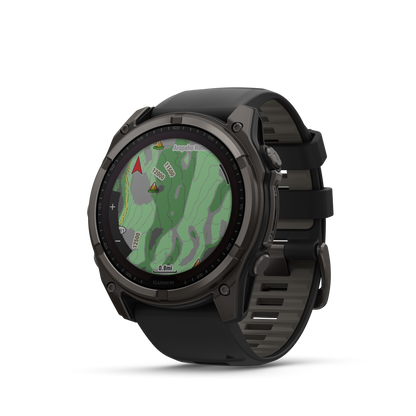 Garmin f?nix 8 – 51mm, Solar Sapphire, Carbon Gray DLC Titanium with Black/Pebble Gray Silicone Band