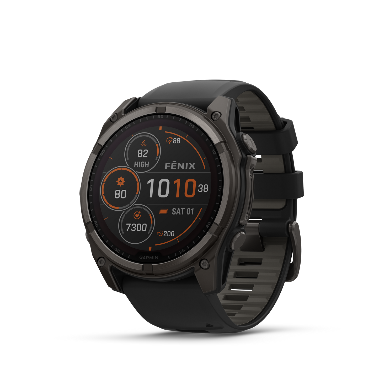 Garmin f?nix 8 – 51mm, Solar Sapphire, Carbon Gray DLC Titanium with Black/Pebble Gray Silicone Band
