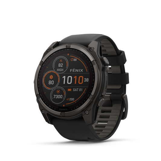 Garmin f?nix 8 – 51mm, Solar Sapphire, Carbon Gray DLC Titanium with Black/Pebble Gray Silicone Band