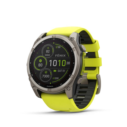 Garmin f?nix 8 – 51mm, Solar Sapphire, Titanium with Amp Yellow/Graphite Silicone Band