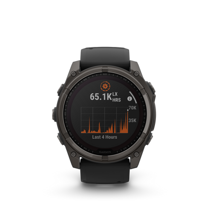 Garmin f?nix 8 – 51mm, Solar Sapphire, Carbon Gray DLC Titanium with Black/Pebble Gray Silicone Band
