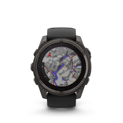 Garmin f?nix 8 – 51mm, Solar Sapphire, Carbon Gray DLC Titanium with Black/Pebble Gray Silicone Band