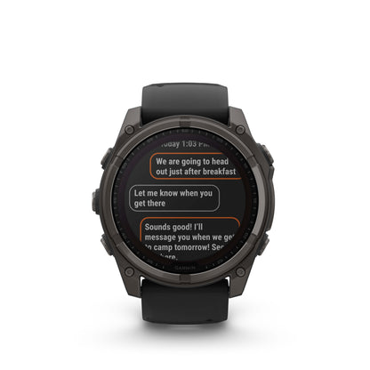 Garmin f?nix 8 – 51mm, Solar Sapphire, Carbon Gray DLC Titanium with Black/Pebble Gray Silicone Band