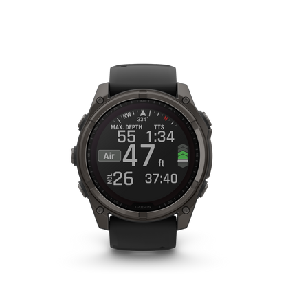 Garmin f?nix 8 – 51mm, Solar Sapphire, Carbon Gray DLC Titanium with Black/Pebble Gray Silicone Band