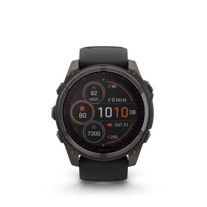Garmin f?nix 8 – 51mm, Solar Sapphire, Carbon Gray DLC Titanium with Black/Pebble Gray Silicone Band