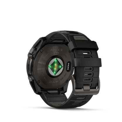 Garmin f?nix 8 – 51mm, Solar Sapphire, Carbon Gray DLC Titanium with Black/Pebble Gray Silicone Band