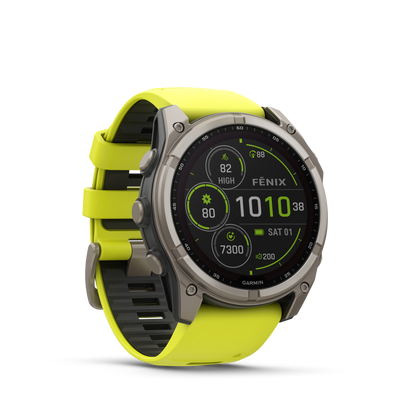 Garmin f?nix 8 – 51mm, Solar Sapphire, Titanium with Amp Yellow/Graphite Silicone Band