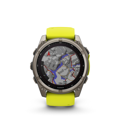 Garmin f?nix 8 – 51mm, Solar Sapphire, Titanium with Amp Yellow/Graphite Silicone Band