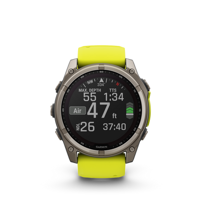 Garmin f?nix 8 – 51mm, Solar Sapphire, Titanium with Amp Yellow/Graphite Silicone Band