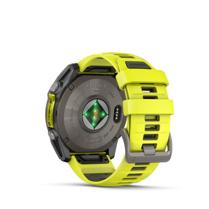 Garmin f?nix 8 – 51mm, Solar Sapphire, Titanium with Amp Yellow/Graphite Silicone Band