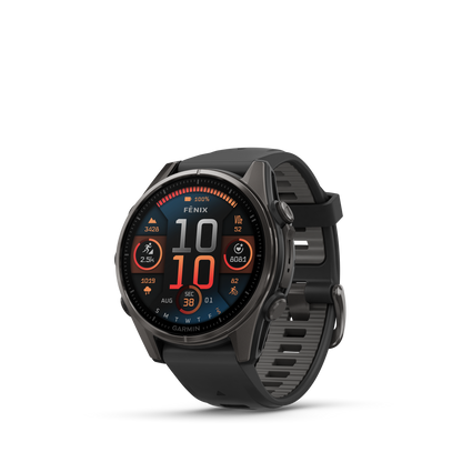 Garmin f?nix 8 – 43mm, AMOLED Sapphire, Carbon Gray DLC Titanium with Black/Pebble Gray Silicone Band