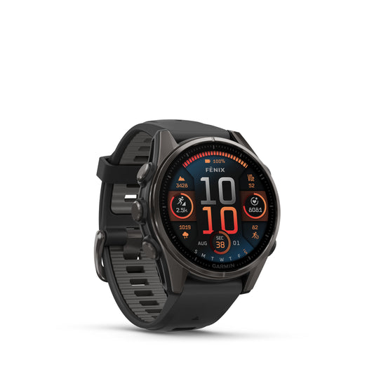 Garmin f?nix 8 – 43mm, AMOLED Sapphire, Carbon Gray DLC Titanium with Black/Pebble Gray Silicone Band