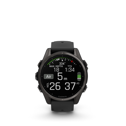 Garmin f?nix 8 – 43mm, AMOLED Sapphire, Carbon Gray DLC Titanium with Black/Pebble Gray Silicone Band