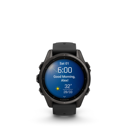Garmin f?nix 8 – 43mm, AMOLED Sapphire, Carbon Gray DLC Titanium with Black/Pebble Gray Silicone Band