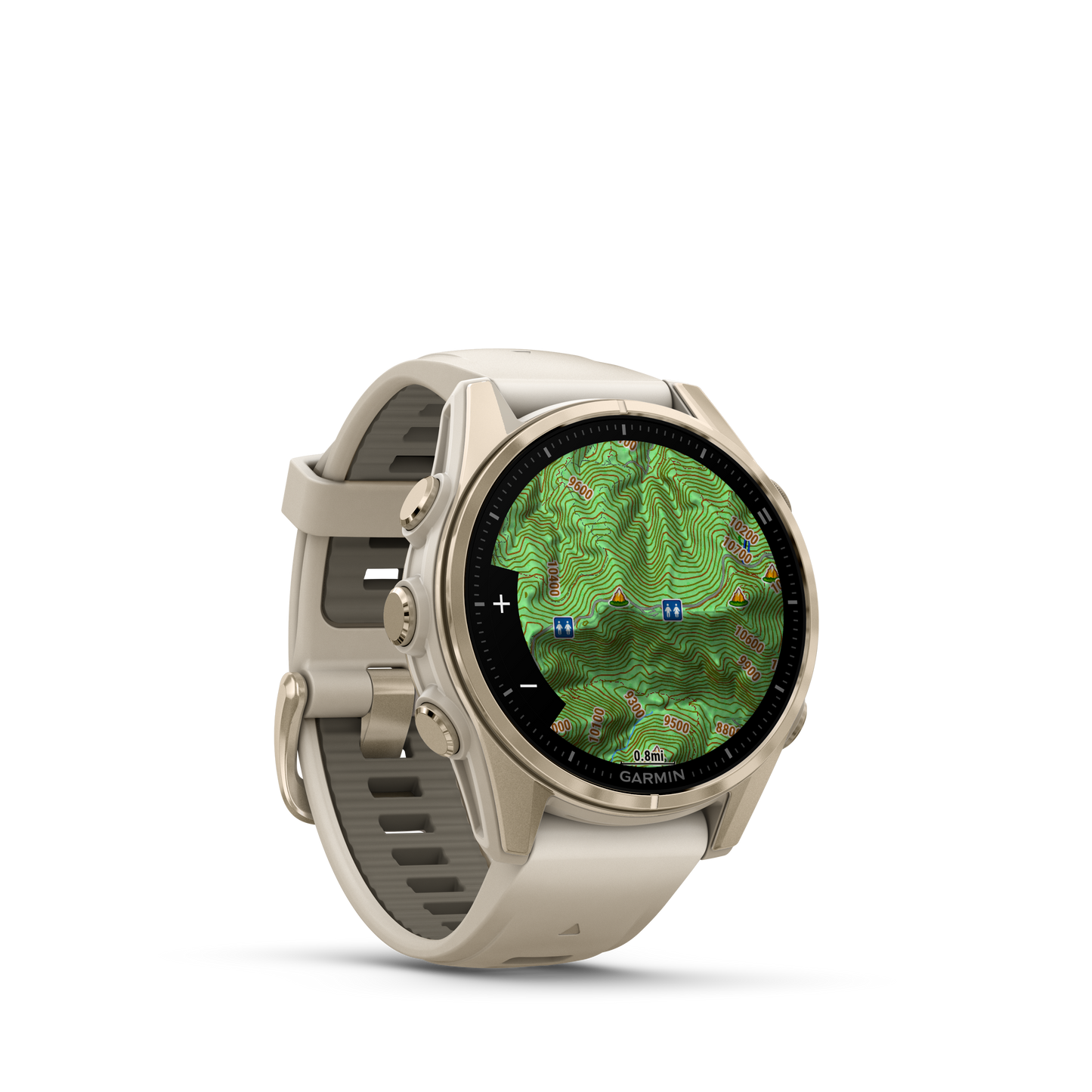 Garmin f?nix 8 – 43mm, AMOLED Sapphire, Soft Gold with Fog Gray/Dark Sandstone Silicone Band