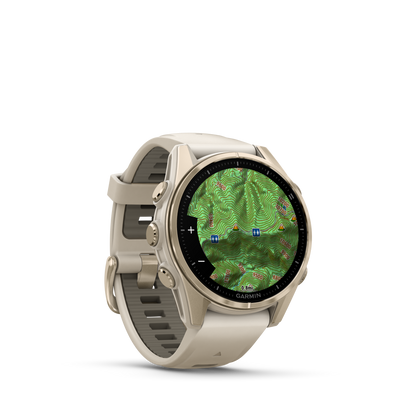 Garmin f?nix 8 – 43mm, AMOLED Sapphire, Soft Gold with Fog Gray/Dark Sandstone Silicone Band