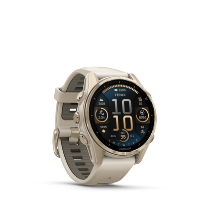 Garmin f?nix 8 – 43mm, AMOLED Sapphire, Soft Gold with Fog Gray/Dark Sandstone Silicone Band