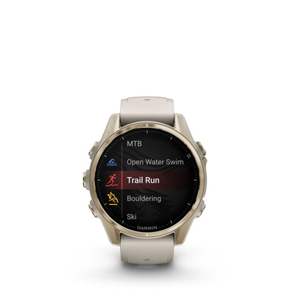 Garmin f?nix 8 – 43mm, AMOLED Sapphire, Soft Gold with Fog Gray/Dark Sandstone Silicone Band