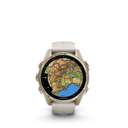 Garmin f?nix 8 – 43mm, AMOLED Sapphire, Soft Gold with Fog Gray/Dark Sandstone Silicone Band