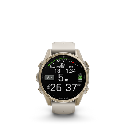 Garmin f?nix 8 – 43mm, AMOLED Sapphire, Soft Gold with Fog Gray/Dark Sandstone Silicone Band