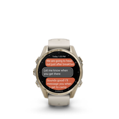 Garmin f?nix 8 – 43mm, AMOLED Sapphire, Soft Gold with Fog Gray/Dark Sandstone Silicone Band