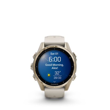 Garmin f?nix 8 – 43mm, AMOLED Sapphire, Soft Gold with Fog Gray/Dark Sandstone Silicone Band