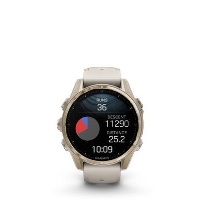 Garmin f?nix 8 – 43mm, AMOLED Sapphire, Soft Gold with Fog Gray/Dark Sandstone Silicone Band