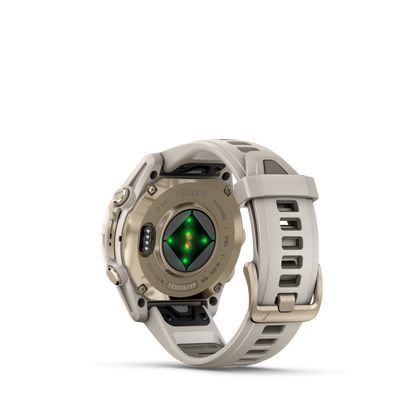 Garmin f?nix 8 – 43mm, AMOLED Sapphire, Soft Gold with Fog Gray/Dark Sandstone Silicone Band