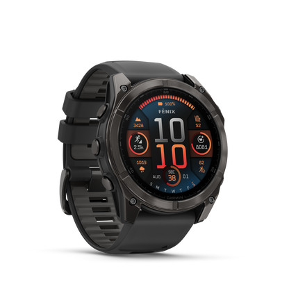 Garmin f?nix 8 – 51mm, AMOLED Sapphire, Carbon Gray DLC Titanium with Black/Pebble Gray Silicone Band