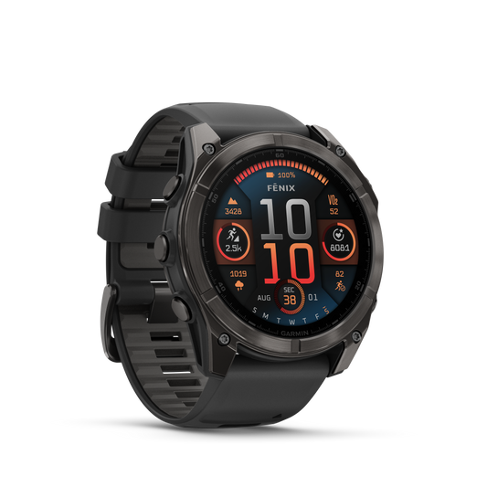 Garmin f?nix 8 – 51mm, AMOLED Sapphire, Carbon Gray DLC Titanium with Black/Pebble Gray Silicone Band