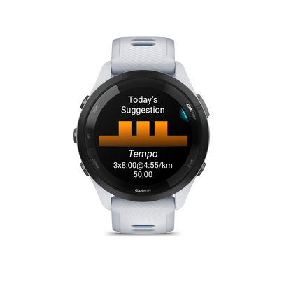 Forerunner® 265, Black Bezel with Whitestone Case and Whitestone/Tidal Blue Silicone Band