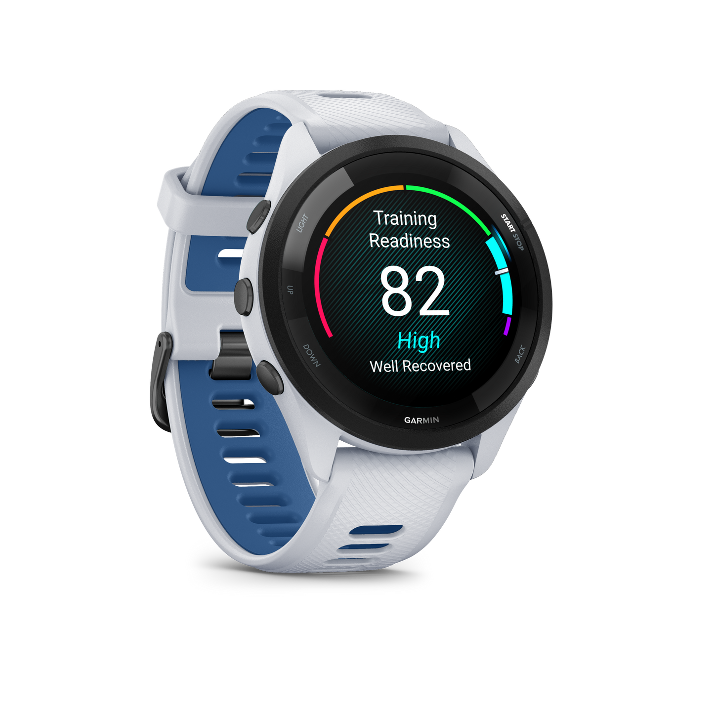 Forerunner® 265, Black Bezel with Whitestone Case and Whitestone/Tidal Blue Silicone Band