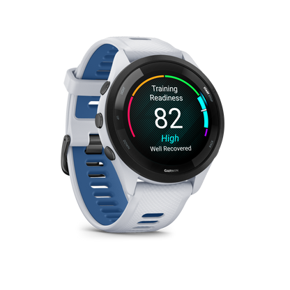 Forerunner® 265, Black Bezel with Whitestone Case and Whitestone/Tidal Blue Silicone Band