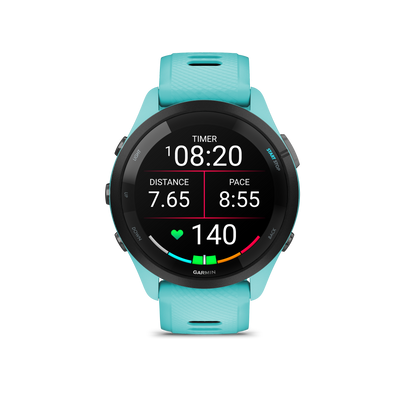 Forerunner® 265, Black Bezel with Aqua Case and Aqua/Black Silicone Band