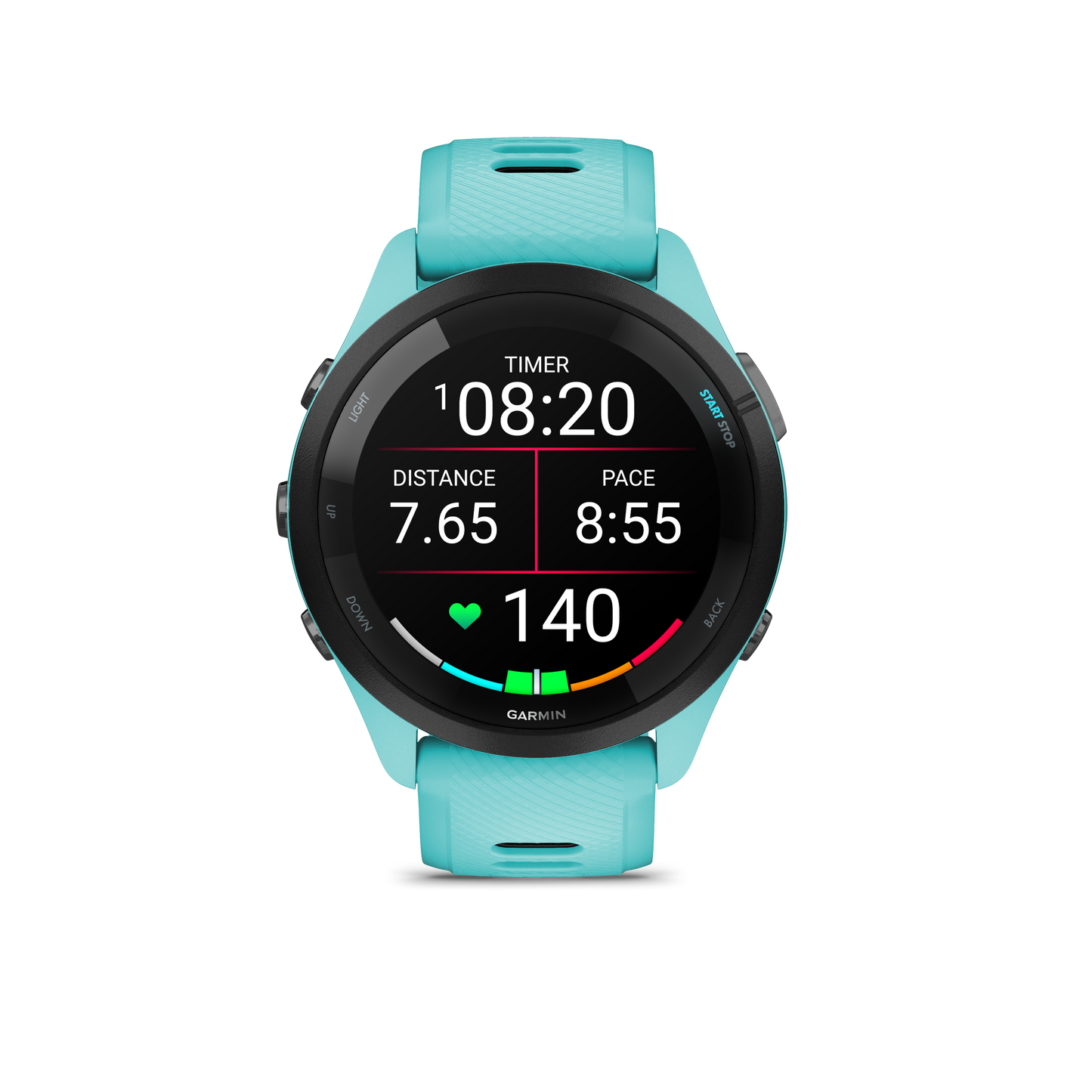 Forerunner® 265, Black Bezel with Aqua Case and Aqua/Black Silicone Band