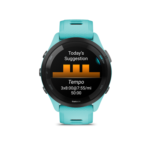 Forerunner® 265, Black Bezel with Aqua Case and Aqua/Black Silicone Band