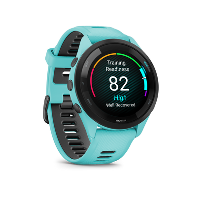 Forerunner® 265, Black Bezel with Aqua Case and Aqua/Black Silicone Band